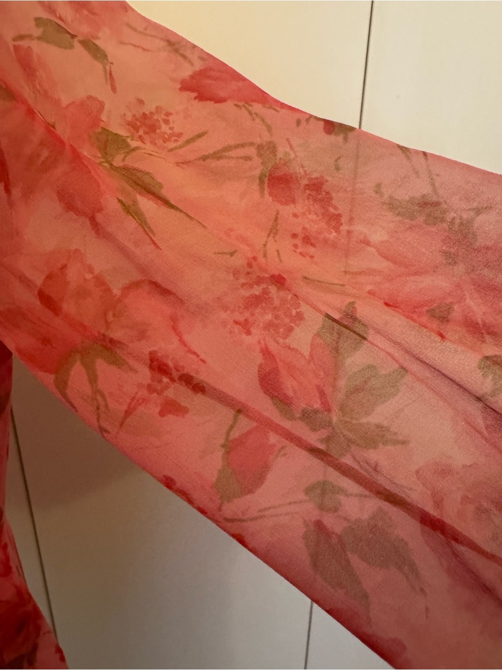 60’s Pink Floral Sheer Long-Sleeve Shift Dress with Flower Accent - Picture 6 of 7